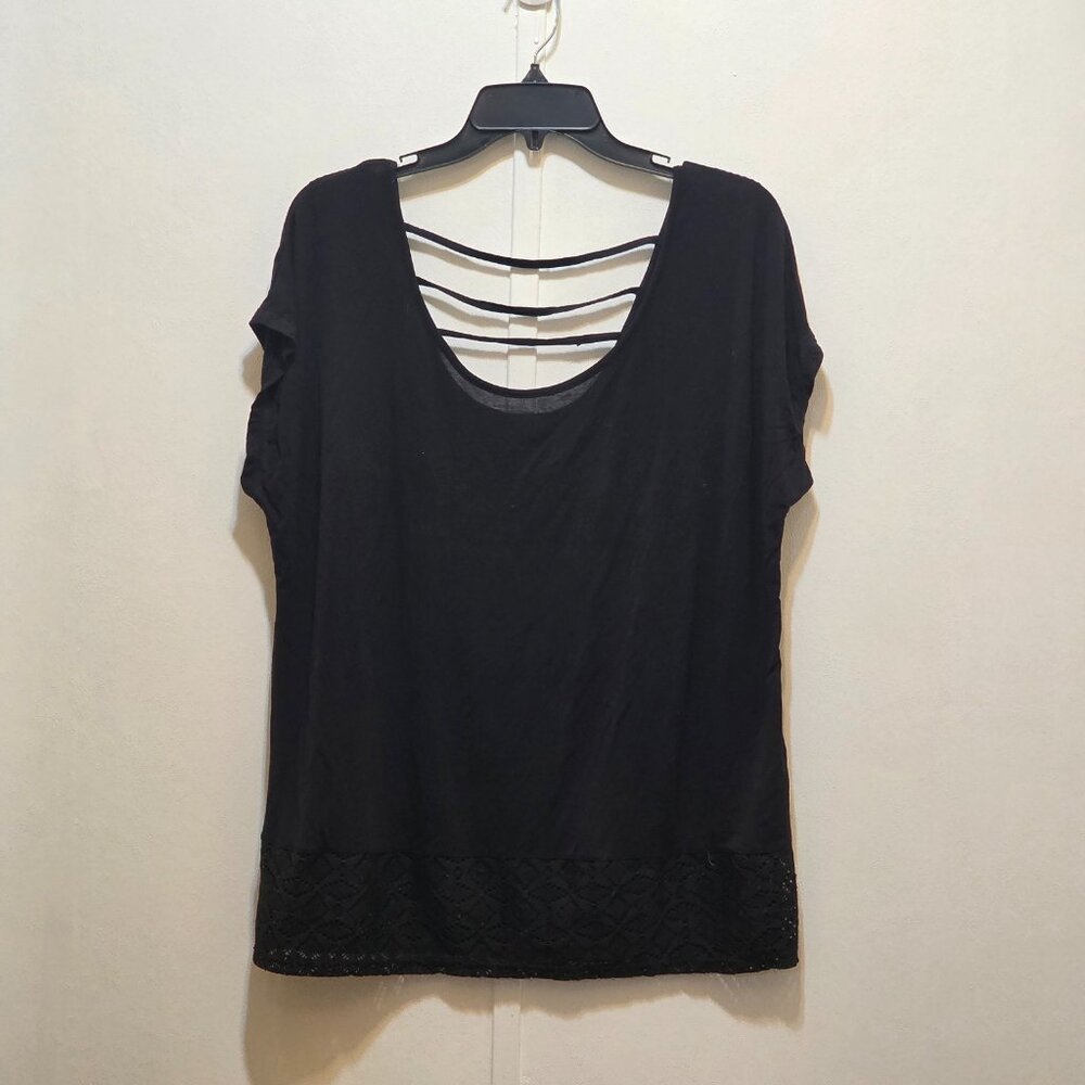 Extra Touch‎ Black Lace Hem Open Back Short Sleeve Top Plus Size 2X